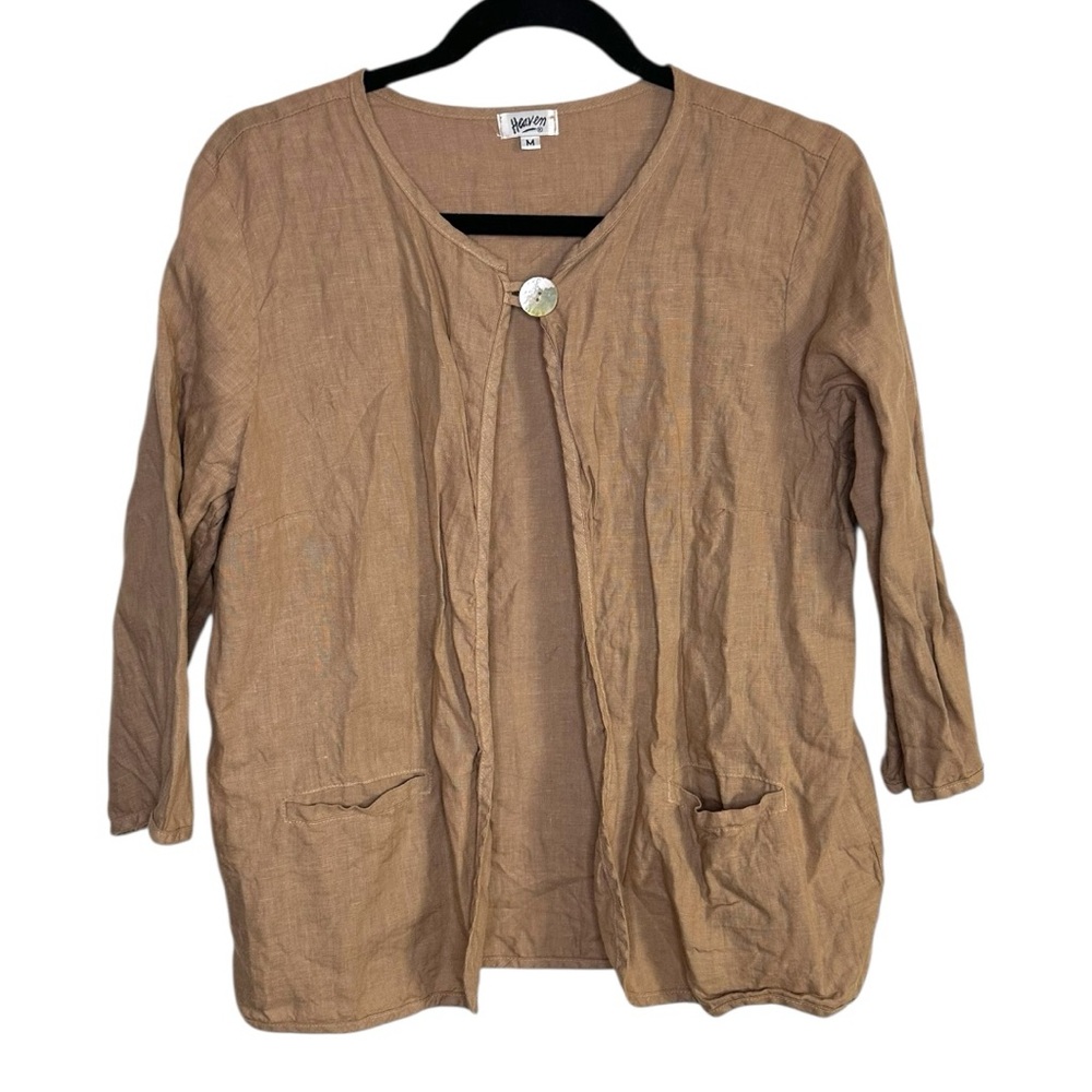 Heaven 100% Linen Brown Single Buttoned Cardigan Elbow Sleeve Size Medium Boho